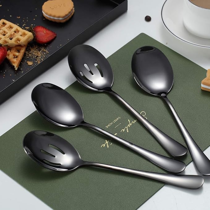 Black Kyraton Titanium Plating Serving Set - 4 Pieces, Includes 2 Spoons and 2 Slotted Spoons