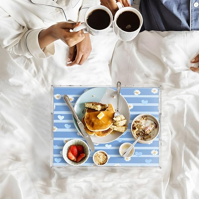 Serving Tray with Handles Clear Acrylic Tray 12x16 Inch Decorative Rectangular Tray Organizer for Ottoman Coffee Table Bathroom Blue Striped Hearts and Daisy