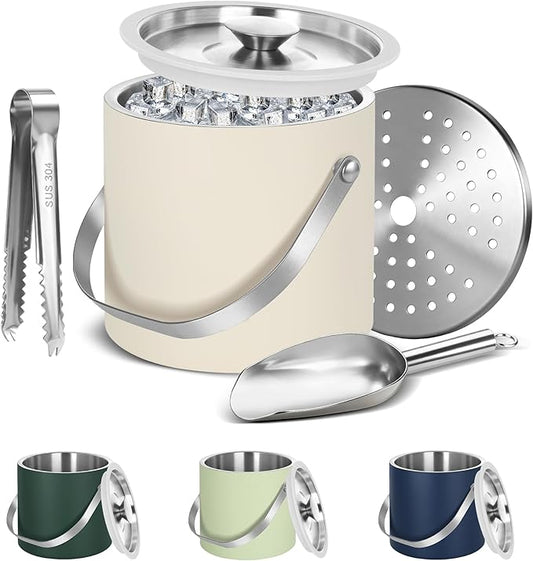 Ice Bucket, Ice Bucket with Silicone Sealing Ring Double-Wall Vacuum Insulation Champagne Buckets with Filter Layer Ice Tongs Ice Scoop (White, 3 L)