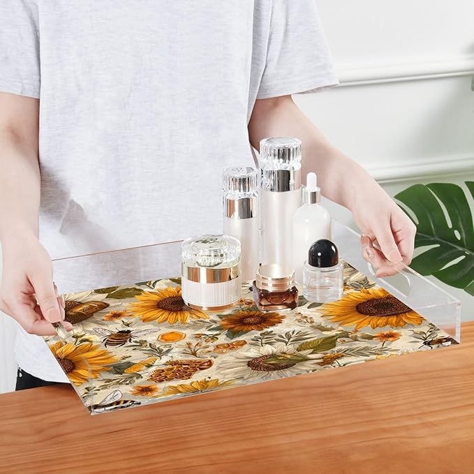 Serving Tray with Handles Clear Acrylic Tray 12x16 Inch Decorative Rectangular Tray Organizer for Ottoman Coffee Table Bathroom Beige Bees Sunflowers Daisy