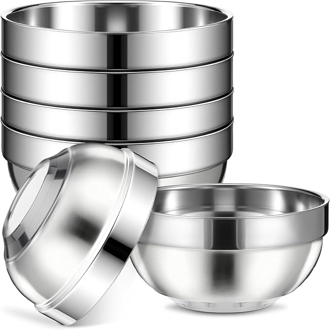 6 Pcs 18/8 Stainless Steel Bowls 17 Oz Double Walled Insulated Soup Bowls 5 Inch Metal Serving Eating Bowl Snack Cereal Bowl for Soup Cereal Ice Cream Rice Salad Snacks