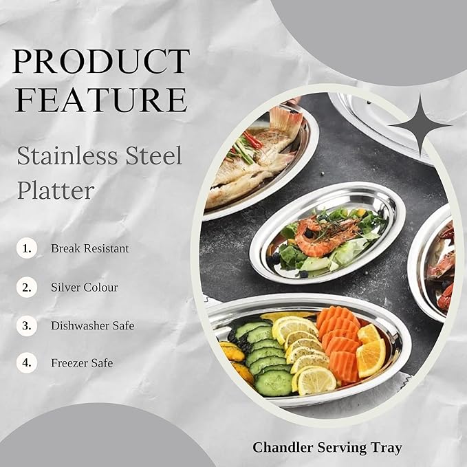 Chandler Stainless Steel Serving Tray - Oval Silver Food Tray - 3 mm Thick, Unbreakable - Anti Rust Serving Platter - Dinner Trays - Dishwasher Safe Kitchen Tray (Silver, 16 Inches)