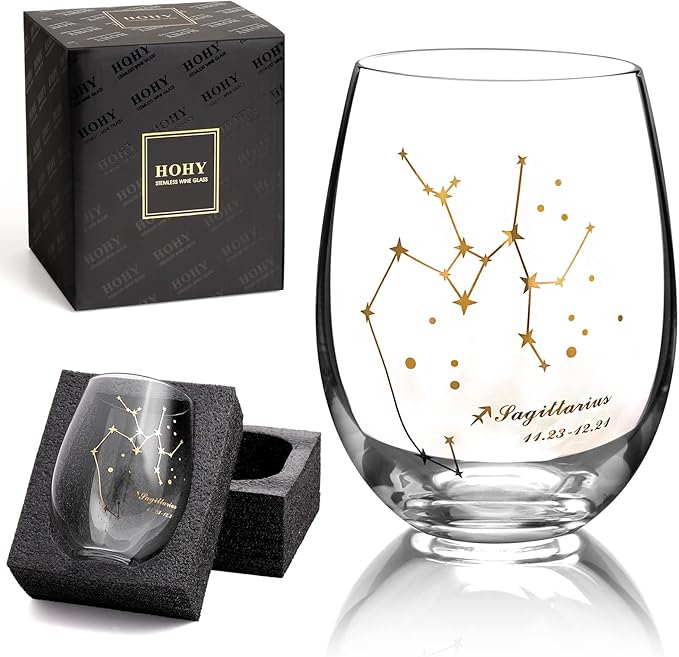 HOHY Sagittarius Zodiac Wine Glass 20 Oz, Sagittarius Zodiac Birthday Horoscope Gifts for Women, Wine Glass Astrology Constellation Christmas Gifts for Women, Constellation Wine Glasses Golden