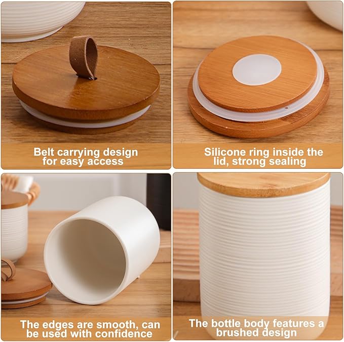 Simcat Ceramic Canister Set Kitchen Airtight Food Storage Jar with Bamboo Lids Coffee Sugar Tea Storage Containers (Big white with belt-43oz)