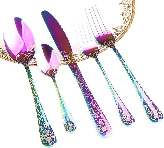 40 Pieces Stainless Steel Flatware Set for 8 People Knives Forks Spoons Set, Vintage Pattern Design, Mirror Polish and Dishwasher Safe (05-COLORFUL-SET 40)