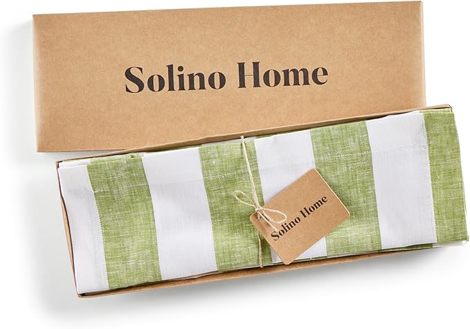 Solino Home Linen Cloth Placemats Set of 4 - Cabana Stripe 100% Pure Linen Green and White Farmhouse Placemats 14 x 19 Inch for Christmas - Handcrafted and Machine Washable