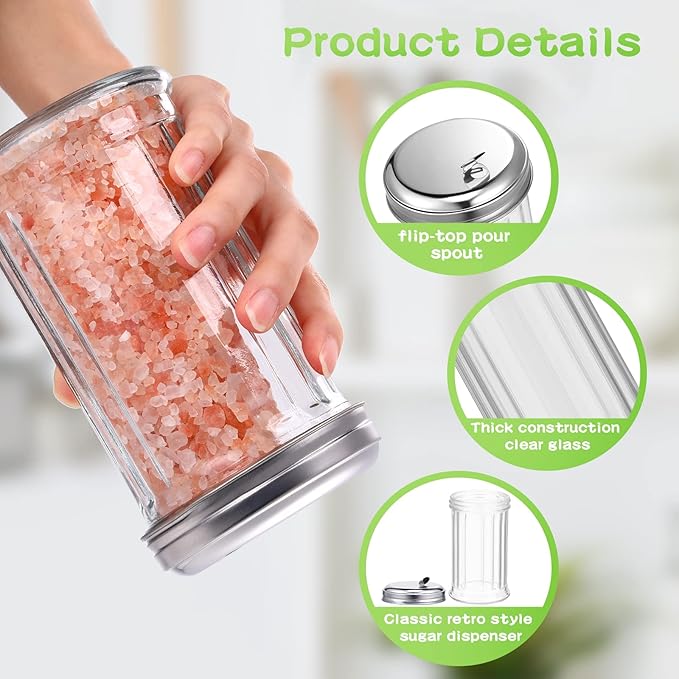 Mimorou 8 Pcs Glass Sugar Shaker Pourer Dispenser 12 oz Retro Style Sugar Pour Dispenser Container Vintage Glass Jar with Stainless Steel Lid for Coffee Bar