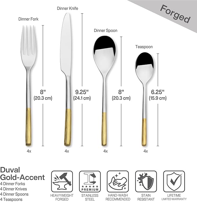Mikasa Duval Gold Lines 18.0 Forged Stainless Steel 16 Piece Cutlery Set, Service For 4 (Pack of 3)