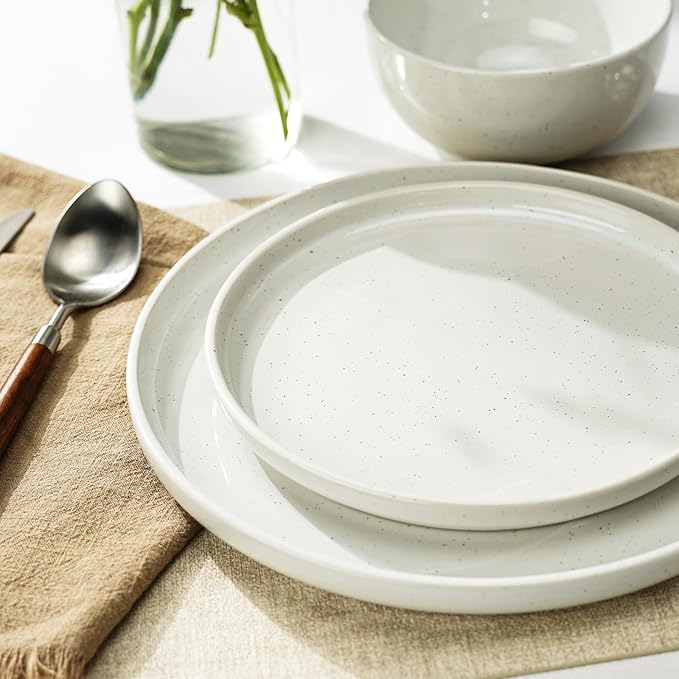 Kitchen Plates and Bowls Set Dinner Set for 4 Handpainted Dinner ware Sets, Microwave Safe Plates and Bowls Sets Stone Plate White Stoneware Scratch Resistant (Arctic Frost)