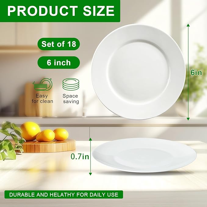 18 Pcs Porcelain Dessert Plates,6 Inch White Round Small Dinner Plate Set,Ceramic Serving Appetizer Plates for Cake Salad Dishes Bread Pasta,Dishwasher Safe and Microwave Safe