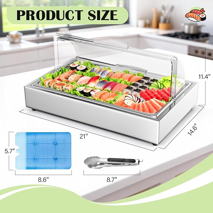 Ice Food Serving Display Tray with Clear Roll Top Cover, 1 x 1 Pan Stainless Steel Cold Food Buffet Condiment Dispenser Display Rack with 1 Clip & 2 Ice Trays for Restaurant Hotel Kitchen Party