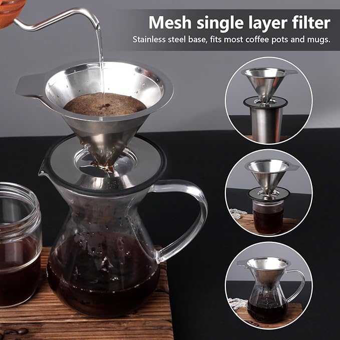 LHS Pour Over Coffee Dripper Reusable Coffee Filter Metal Cone Filter Paperless Coffee Filter Stainless Steel Pour Over Coffee Maker Single Cup Brew Coffee Filter