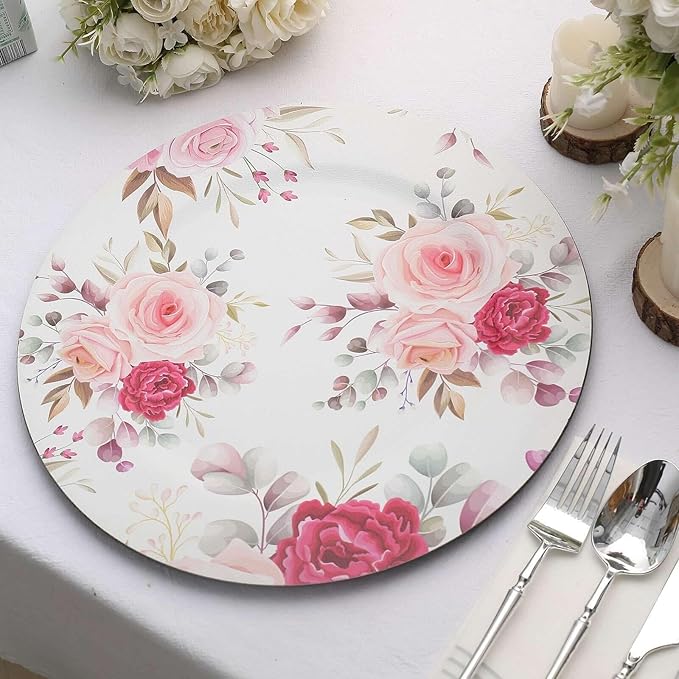 Efavormart 6 Pack | 13" Rose Flower Design Plastic Serving Plates, Disposable Spring Floral Print Charger Trays