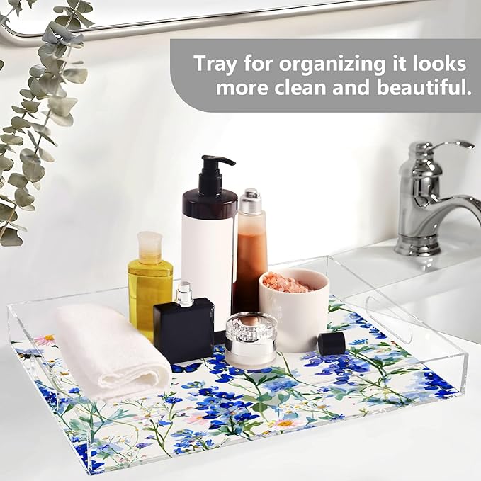 Serving Tray with Handles Clear Acrylic Tray 12x16 Inch Decorative Rectangular Tray Organizer for Ottoman Coffee Table Bathroom Dark Bluebonnet Cornflower