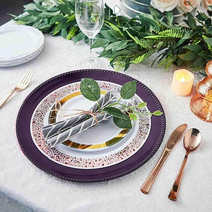 13" Charger Plates -Set of 12 - Acrylic Purple Round Beaded Disposable Chargers, Ideal for Dinner Party Wedding Bulk Events Tabletop Decoration