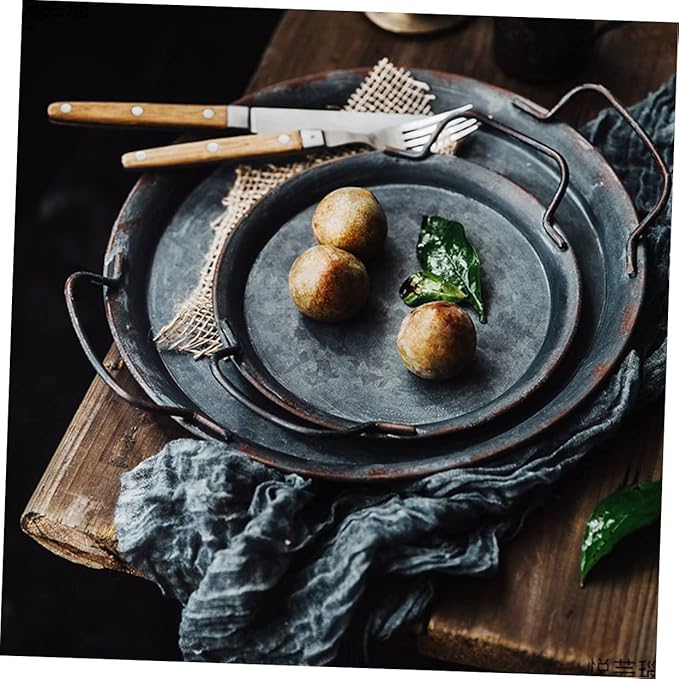 Happyyami Vintage Iron Storage Tray Serving Plate Decorative Decor Silver Decorative Tray Breakfast