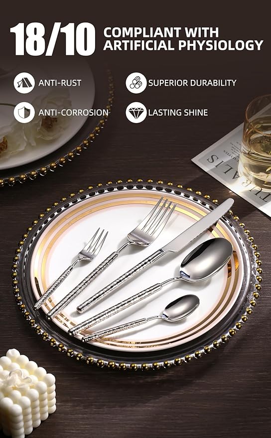 10-Piece Silverware Set, Stainless Steel Flatware Set for 2, Modern Hammered Utensil Tableware Set Include Dinner Knife/Fork/Spoon, Mirror Finish, Dishwasher Safe (10, silver)
