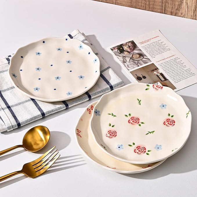 Koythin Ceramic Dessert Plates, Cute Fruits Dinner Plate, Creative Plates Design, Printed Flowers Dinnerware for Office and Home, Kitchen Plates for Desserts (Cute Bow)