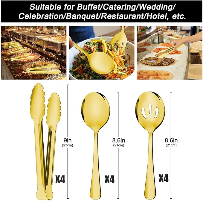 12PCS Gold Stainless Steel Serving Utensils Sets - Large Serving Spoons,Slotted Spoons,Serving Tongs,Utensills Sets for Buffet Catering Banquet Party