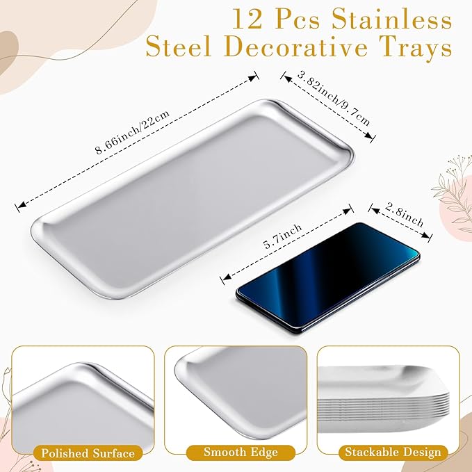 Vesici 12 Pcs 8.66 x 3.82 inches Small Silver Tray Bulk, Stainless Steel Rectangle Serving Trays Trinket Decorative Bathroom Tray for Vanity Jewelry Makeup Towel, Dish Plate Tea Fruit Storage Platter
