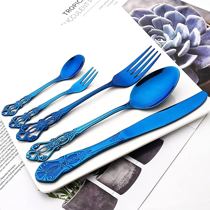 Elegant 32-Piece (4 Set) Retro Flatware Set, Stainless Steel Cutlery Set - Complete Eating Tableware Serving Set, Dishwasher Safe, Shiny Mirror Polish (Blue)