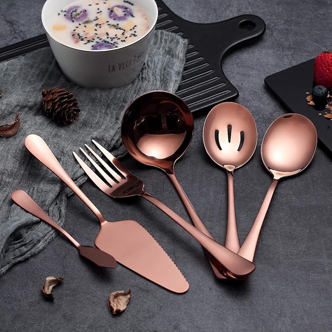 6-Piece Copper Serving Flatware Silverware Set,Stainless Steel Serving Utensil Set,Include Cake Server, Slotted Serving Spoon, Serving Spoon, Cold Meat Fork, Butter Knife, Soup Ladle