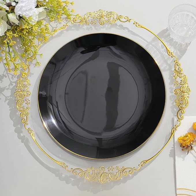 Efavormart 10 Pack | 10" Glossy Black Round Plastic Dinner Plates With Gold Rim, Disposable Party Plates