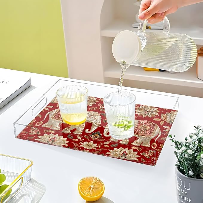 Serving Tray with Handles Clear Acrylic Tray 12x16 Inch Decorative Rectangular Tray Organizer for Ottoman Coffee Table Bathroom Red Retro Elephant Flowers