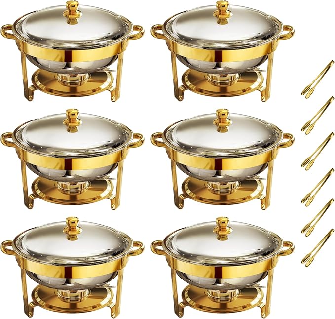 Gold Chafing Dishes for Buffet Set of 6, 5QT Round Chafing Dish Buffet Set, Chafer and Buffet Warmer Set, Stainless Steel Food Warmer for Parties Buffet, Party Food Warmer Buffet Set with Tongs