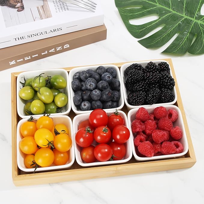 Ceramic Snack Bowls with Bamboo Tray Set,Divided Serving Bowls and Platters for Hosting & Party,Removable Serving Dishes for Chips and Dip,Fruit,Veggies,Candy and Snacks Kitchen Decor (6)
