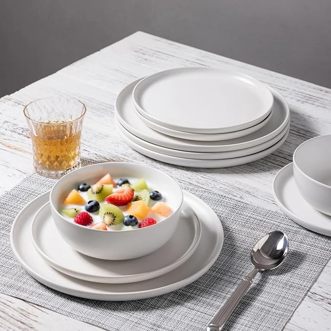 Stoneware Dinnerware Set, 16 Piece Plates and Bowls Set for 4, Microwave and Dishwasher Safe Tableware (white)