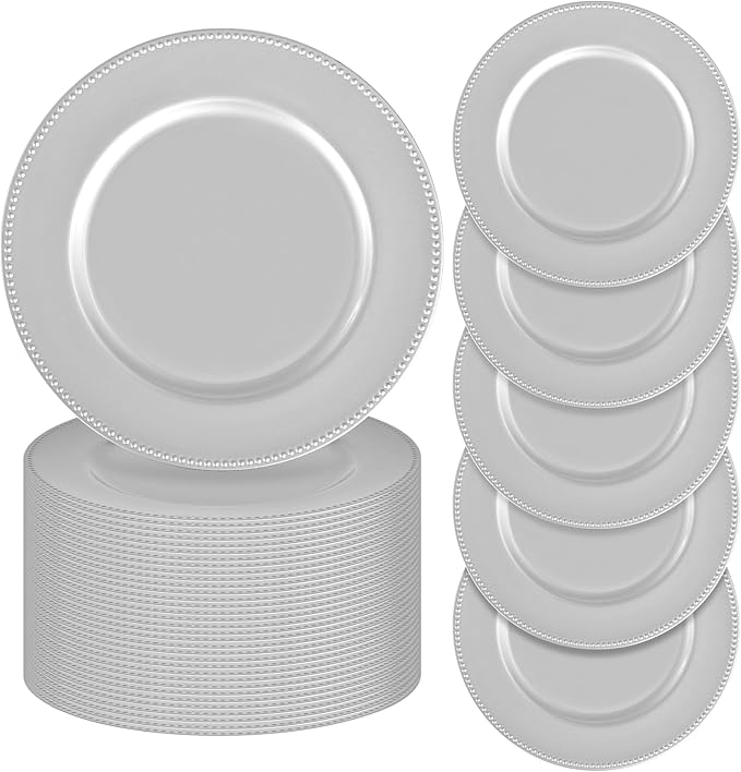fani 50 Pcs Silver Charger Plates Bulk, 13'' Round Beaded Dinner Charger Plates, Plastic Reusable Vintage Table Decoration for Wedding, Party, Reception, Event, Holiday Supplies