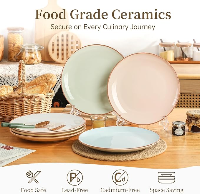 Dinner Plates Set of 6-10 Inch Large Ceramic Plate for Salad, Pasta, Steak - Colorful Modern Serving Dishes - Microwave, Oven and Dishwasher Safe - Assorted Candy Hue