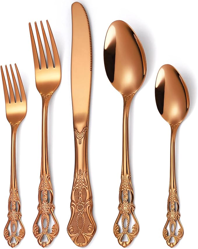Vilihkc Gorgeous Retro Royal Stainless Steel 5 Pieces Flatware Set, Silverware Set, Anti-rust Stainless Steel Cutlery Set Utensils Including Fork Spoon and Knife