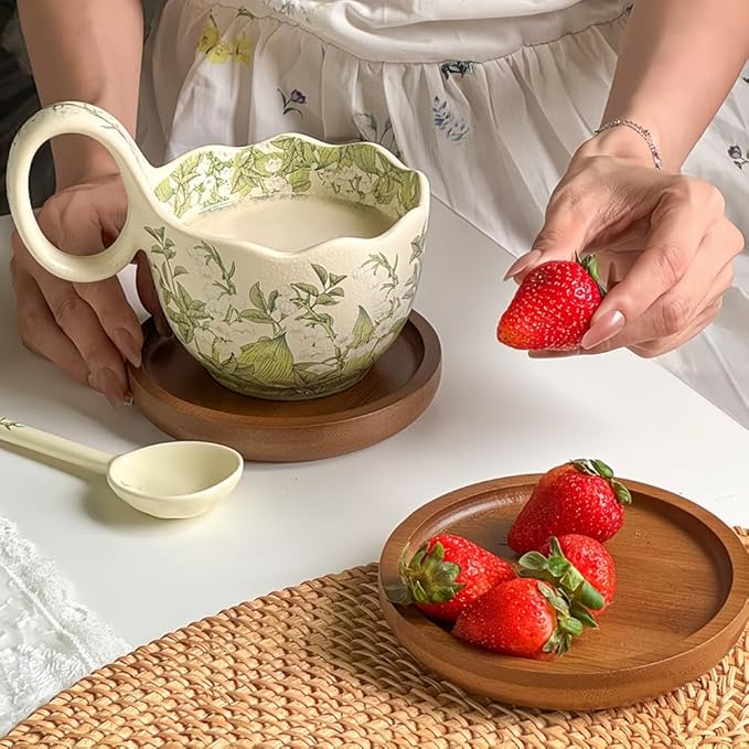 16.91oz/500ml Handpainted Soup Bowl with Handle,Ceramic Cereal Bowl Microwave & Dishwasher Safe,Loop Handle Bowl Great for Soup,Yogurt,Snack,Chip,Stew,Ice Cream,Coffee (Lily of the Valley)