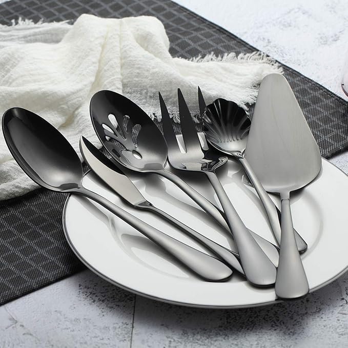 Berglander Stainless Steel Black Titanium Plated Flatware Serving Set 6 Pieces, 5 Serving Pieces of 45 Pieces Flatware With 1 Cake Server, Serving Silverware Set (Shiny Black)