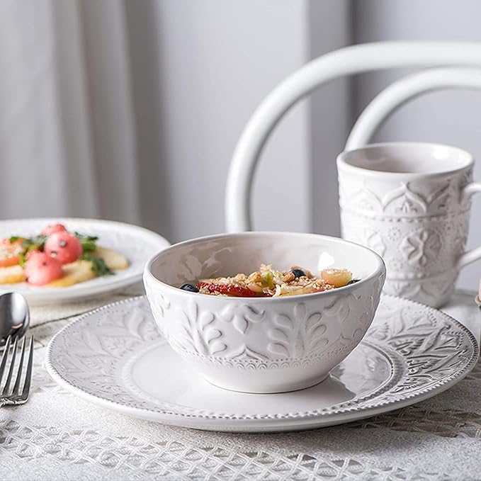 Dinnerware Set Dinner Party Tableware Service Set Ceramics Dinner Sets, 24 Pieces White Vintage Relief Porcelain Dinnerware Set | Nordic Style Cereal Bowl Steak Plate and Mug, FPYY2024040817