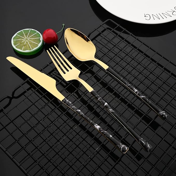 JASHII 24pcs Stainless Steel Marble Texture Handle Cutlery Set, Knife Fork Tea Spoon Silverware Kitchen, Silver Flatware Set for 6, Mirror Polished Small Waist Handle - Black&Gold