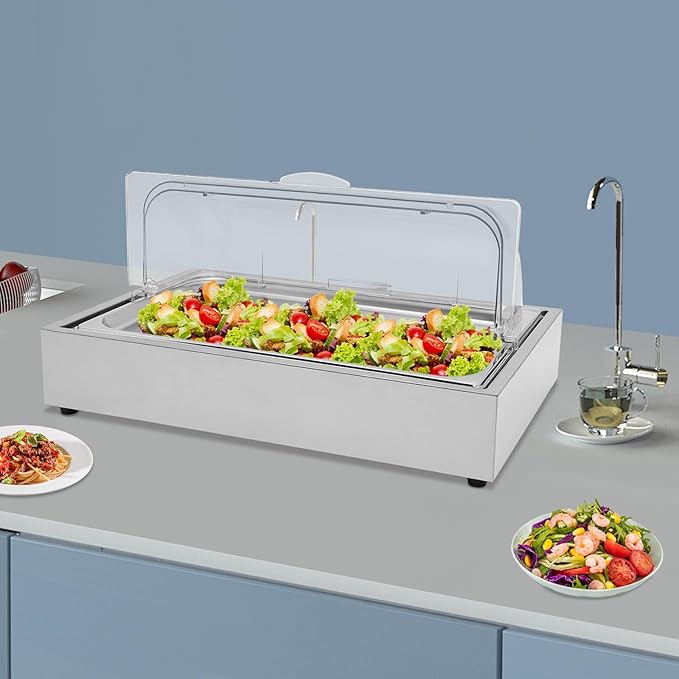Countertop Ice Food Serving Display Tray with Clear Roll Top, 6L Chilled Serving Tray, Cold Serving Cooler Platter, Cooling Food Dishes Display Plate Case for Party (Single Compartment)
