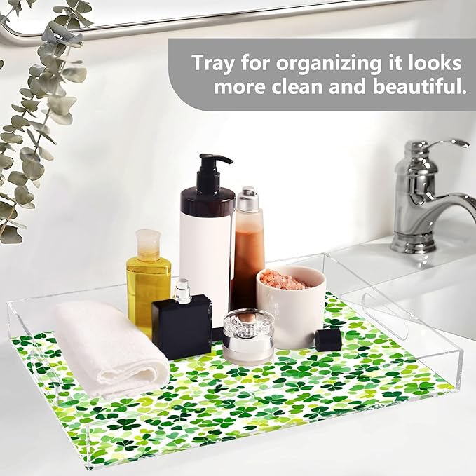 Serving Tray with Handles Clear Acrylic Tray 12x16 Inch Decorative Rectangular Tray Organizer for Ottoman Coffee Table Bathroom Bright Green Clover St. Patrick
