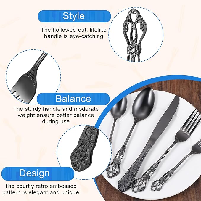 30 Pcs Black Silverware Set, Gorgeous Retro Royal Flatware Set for 6, Stainless Steel Mirror Polished Flatware Cutlery Set Includes Fork,s Spoons and Knives, Dishwasher Safe Utensils