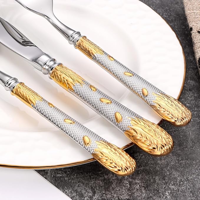 Luxury 20-Piece Wheat Ear Design Silverware Set, Premium 18/10 Stainless Steel Flatware, Serving 4. (Gold & Silver)
