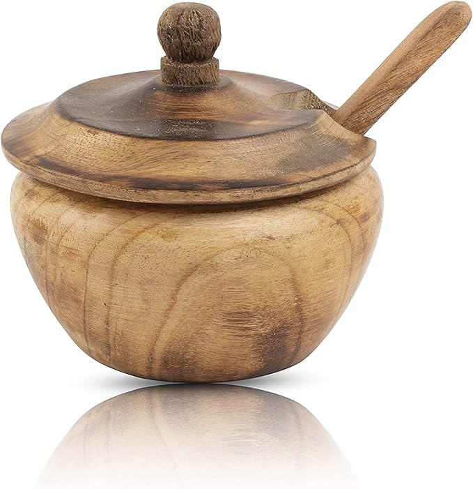 Decorative Rustic Wooden Sugar Bowl & Spoon With Lid Wide Mouth Candy Treat Jar Spice Jar Holder Condiment Nuts Serving Bowl Pot Salt Spice Herb Loose Leaf Tea Storage Container Novelty Home & Kitchen