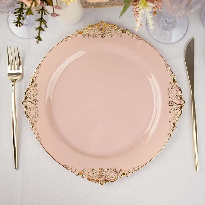 10" Dinner Plates -Set of 30 - Plastic Blush Round Baroque Disposable Chargers Leaf Embossed Rim, Ideal for Dinner Party Wedding Bulk Events