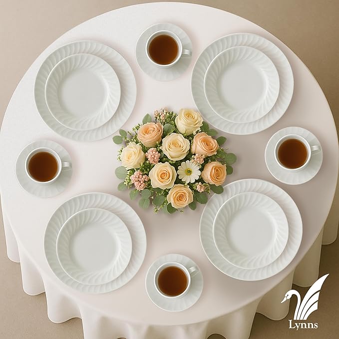 Lynns Paradise Imperial White 20pc Dinnerware Set Embossed Swirl Detail, Elegant Versatility, Timeless White Finish Includes Dinner Plates, Bowls, Cups, and Saucers, Full Tabletop Set