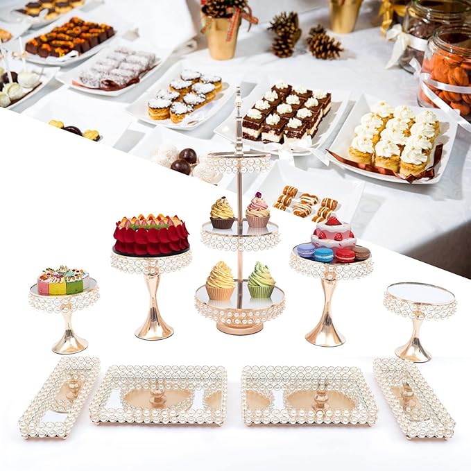9 Pcs Crystal Metal Cake Stand, Dessert Tower Plate Holder Cupcake Display, Round Cupcake Stands with Crystal Bead for Wedding, Birthday Party, Event