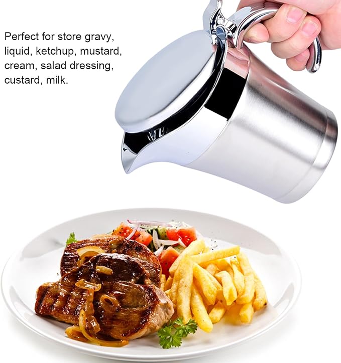 Stainless Steel Double Insulated Gravy Boat - Sauce Jug with Hinged Lid, Ideal for Gravy or Cream (Small Size 450ml)