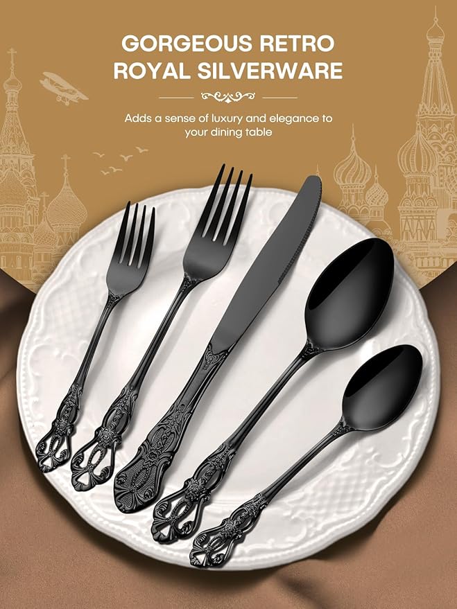 Stapava 40 Pcs Black Silverware Set, Gorgeous Retro Royal Silverware Set for 8, Stainless Steel Mirror Flatware Cutlery Set, Include Forks Spoons and Knives set, Dishwasher Safe Utensils