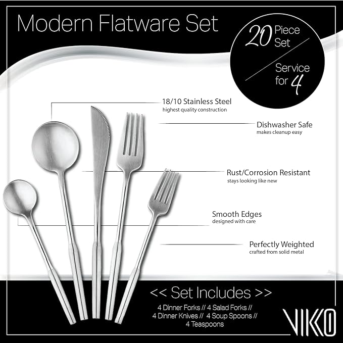 Vikko Dine Modern Silverware Set: Unique Brushed Stainless Flatware Set - Satin Matte - 18/10 stainless steel flatware For Upscale Dining and Entertaining - 20 Piece Cutlery Set - Service for Four (4)