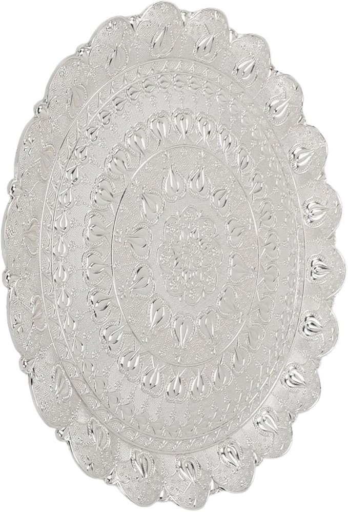 Turkish Tea Coffee Serving Tray, Vintage Style Round Coffee Tray with Embossed Pattern, Metal Dessert Plate for Bar Outdoor Dresser and Home Use (Silver)